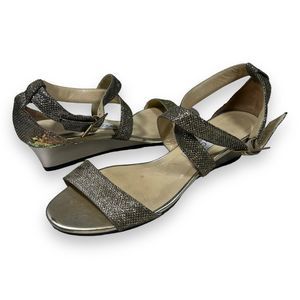 Jimmy Choo Chiara Glitter Ankle Strap‎ Low Wedge Sandals Womens 8.5